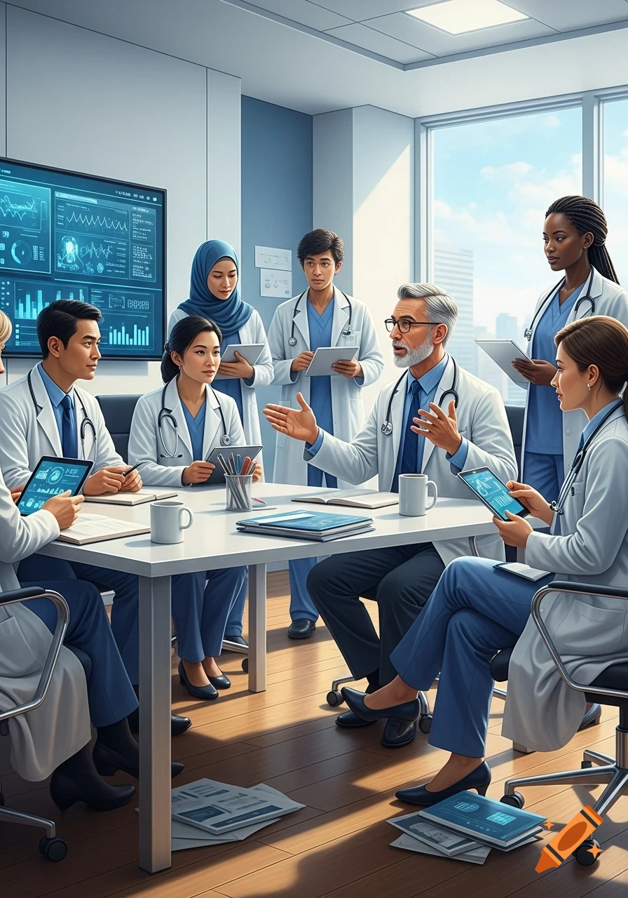 A group of diverse doctors in lab coats and scrubs attend a professional meeting in a modern office with a large data screen, in a photorealistic style.