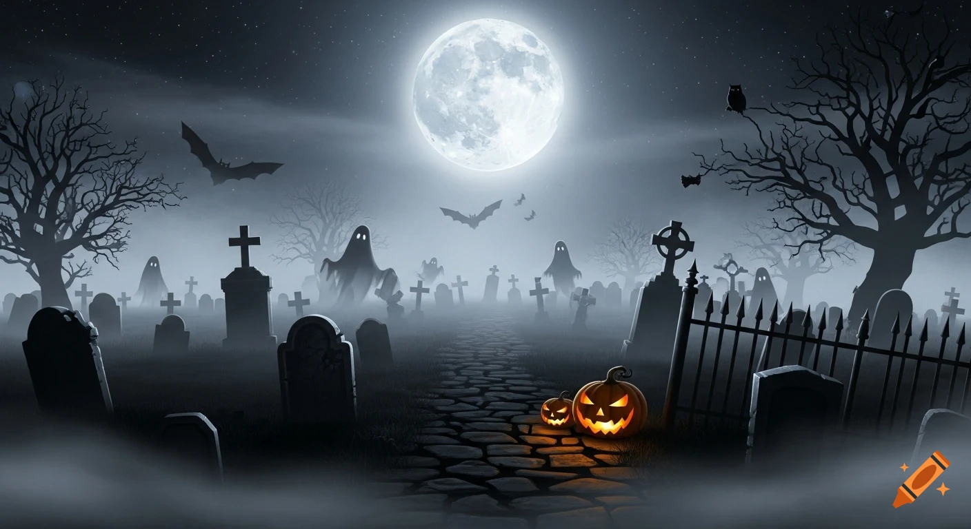 A full moon illuminates a spooky graveyard scene with ghostly figures, bats, glowing pumpkins, and a winding stone path.
