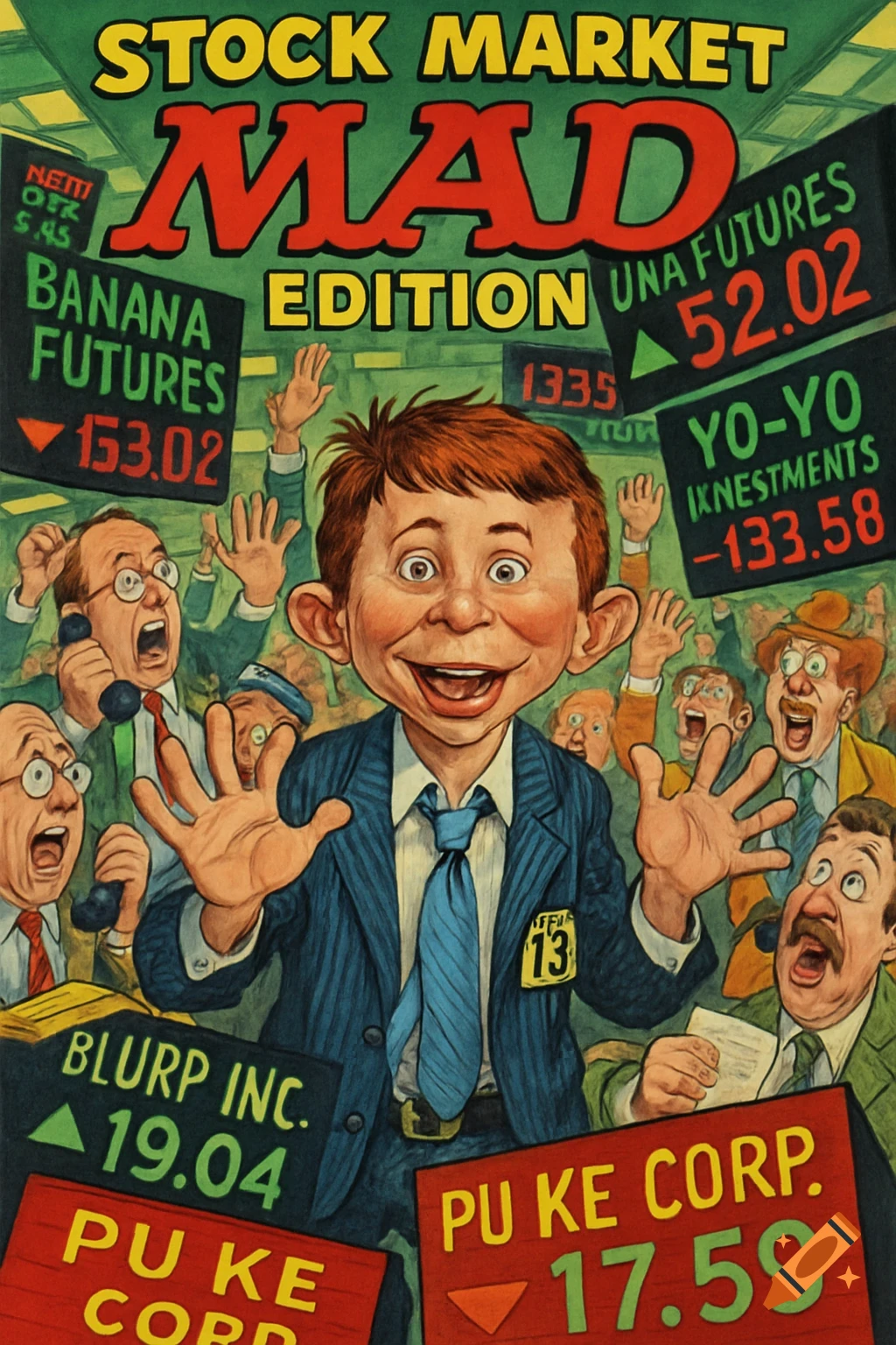 Cartoon caricature of Alfred E. Neuman in a suit with arms outstretched in a bustling stock market, surrounded by shouting traders and stock tickers with fluctuating numbers and company names.