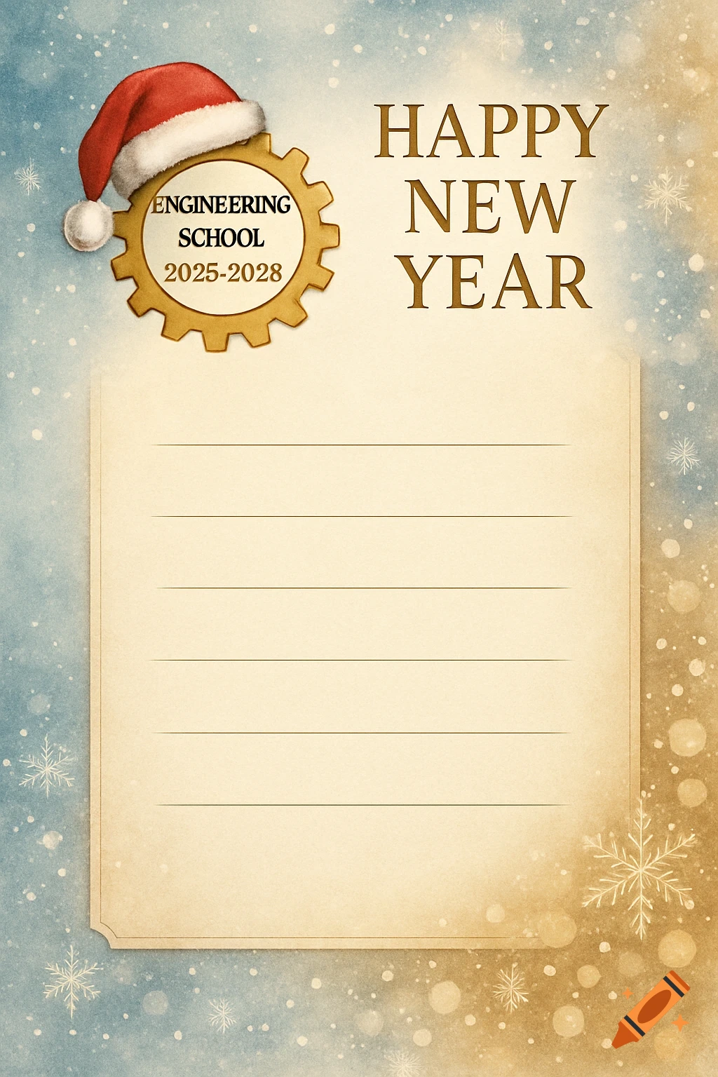 A New Year invitation template with a Santa hat on a gear that reads 'ENGINEERING SCHOOL 2025-2028', and 'HAPPY NEW YEAR' text, all on a parchment texture with snowflakes.