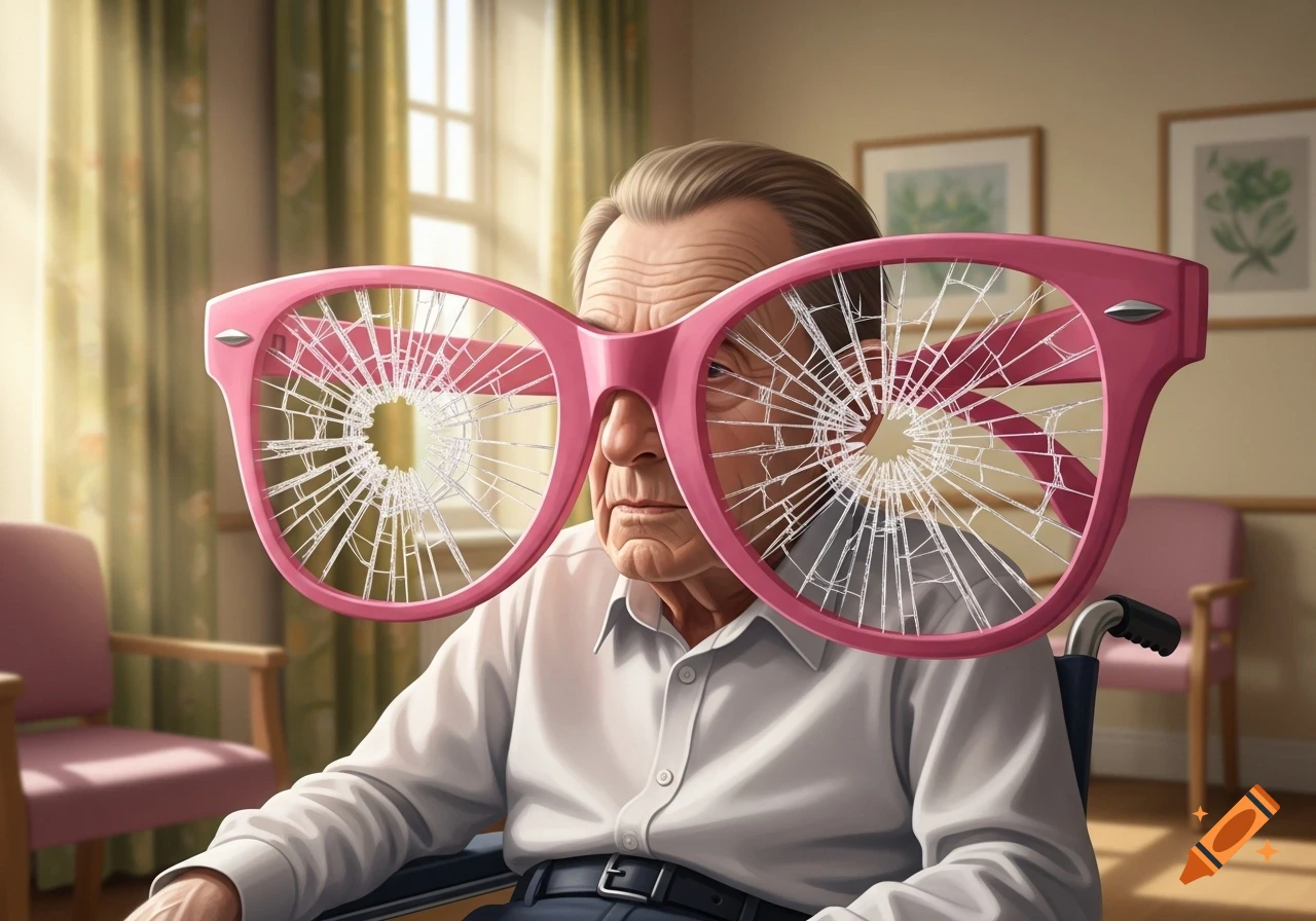 An elderly man in a wheelchair looks through large, shattered pink glasses, seated in a sunlit room, in a realistic illustration.