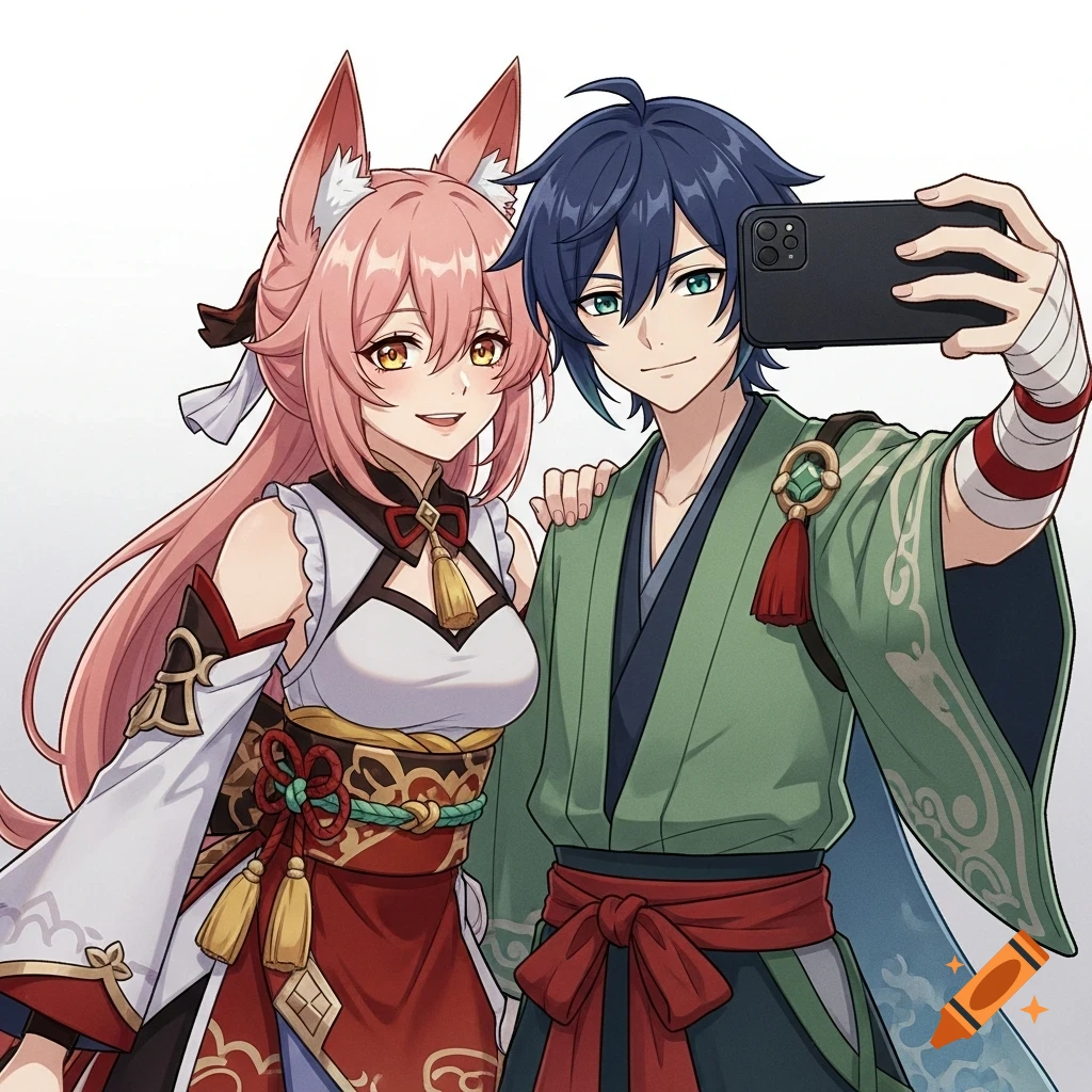 Anime illustration of Yae Miko and a blue-haired man taking a selfie. Both characters are smiling.