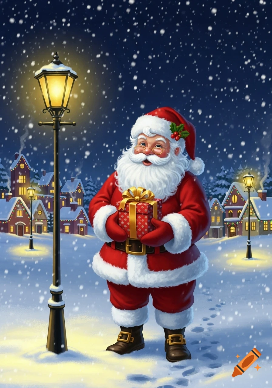 Jolly Santa Claus holds a golden-wrapped present in a snowy village scene with lighted houses and a streetlamp at night.