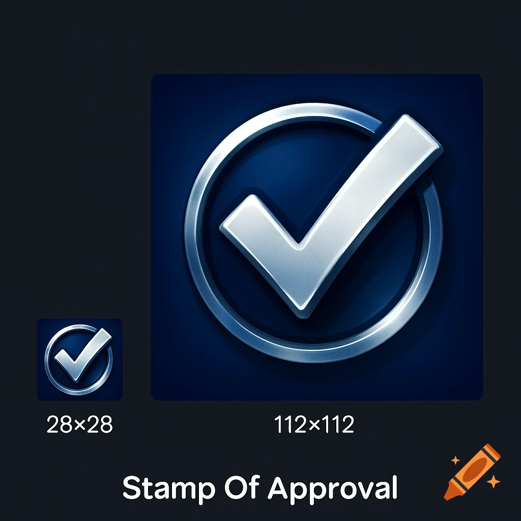 Two metallic checkmark icons, one small and one larger, on a dark blue background with text displaying their sizes and 'Stamp Of Approval'.