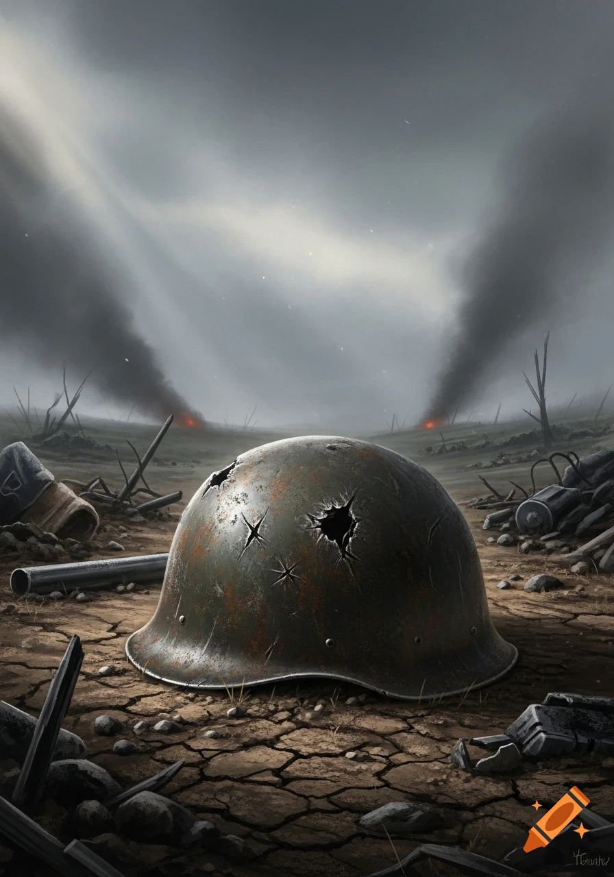 A rusty, bullet-riddled military helmet lies on cracked earth in a desolate, smoke-filled war-torn landscape under a grey sky.