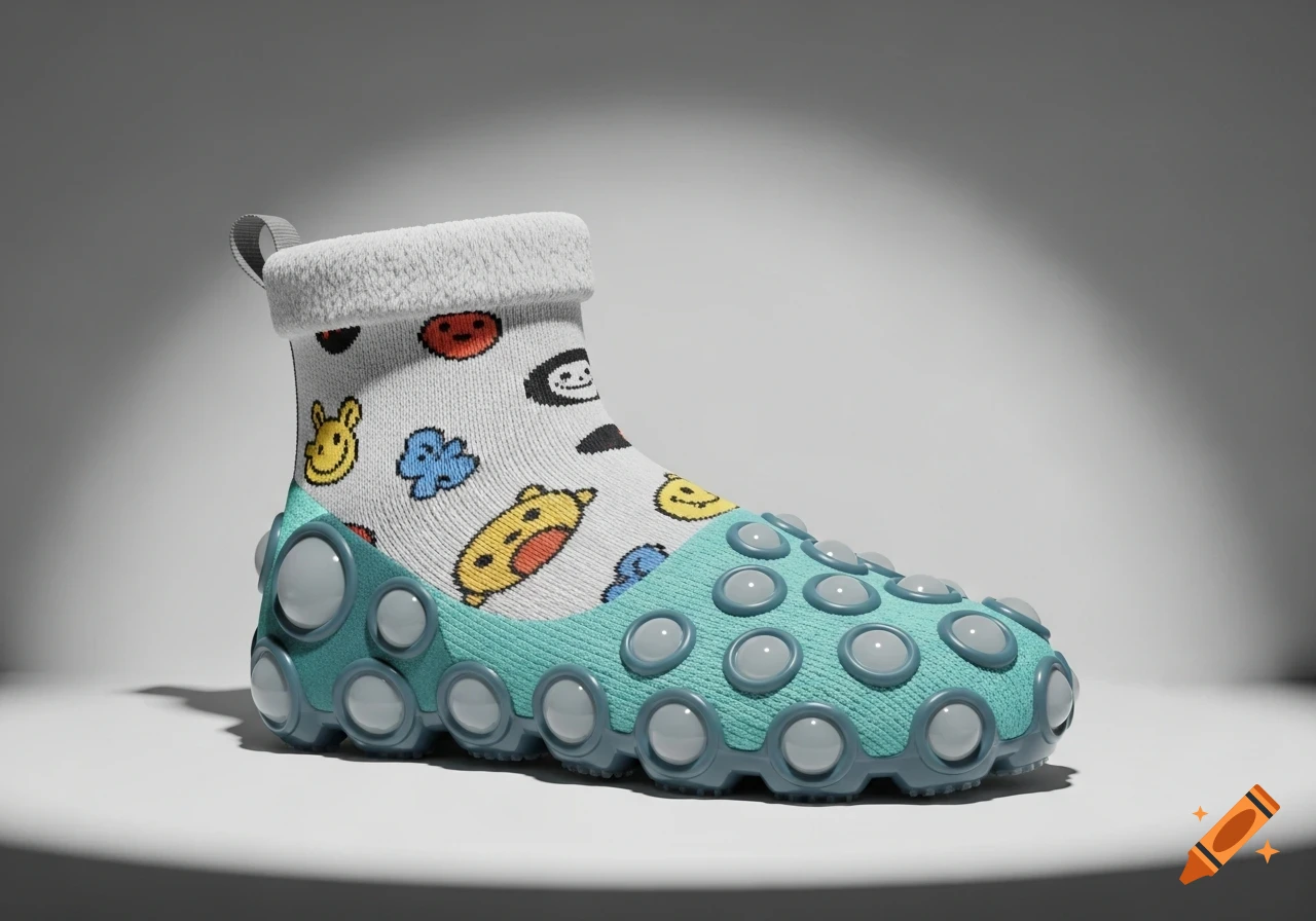 A white sock shoe with colorful cartoon faces, a fuzzy cuff, and a light blue sole covered in clear suction cups.
