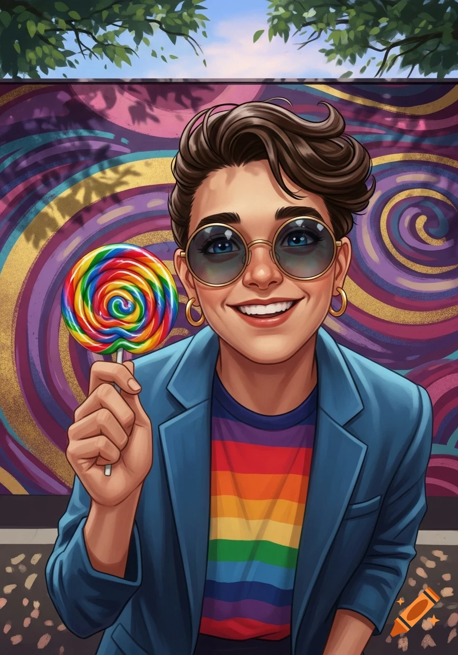A smiling person with short brown hair, sunglasses, and a rainbow shirt holds a colorful lollipop against a vibrant, swirling background in a cartoon style.