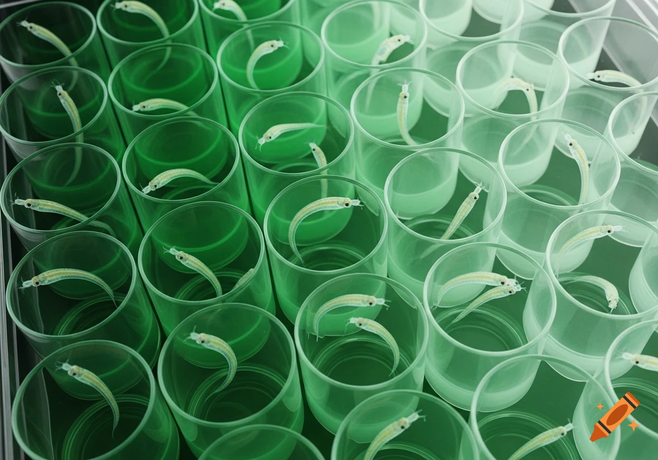 Many small, translucent, worm-like organisms floating in rows of green-tinted laboratory wells, showing a color gradient.