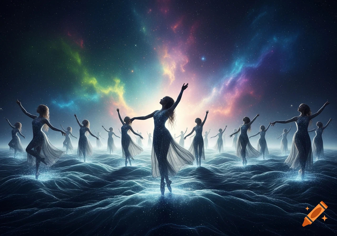 Multiple ethereal women in shimmering gowns dance on glowing waves under a vibrant cosmic sky.