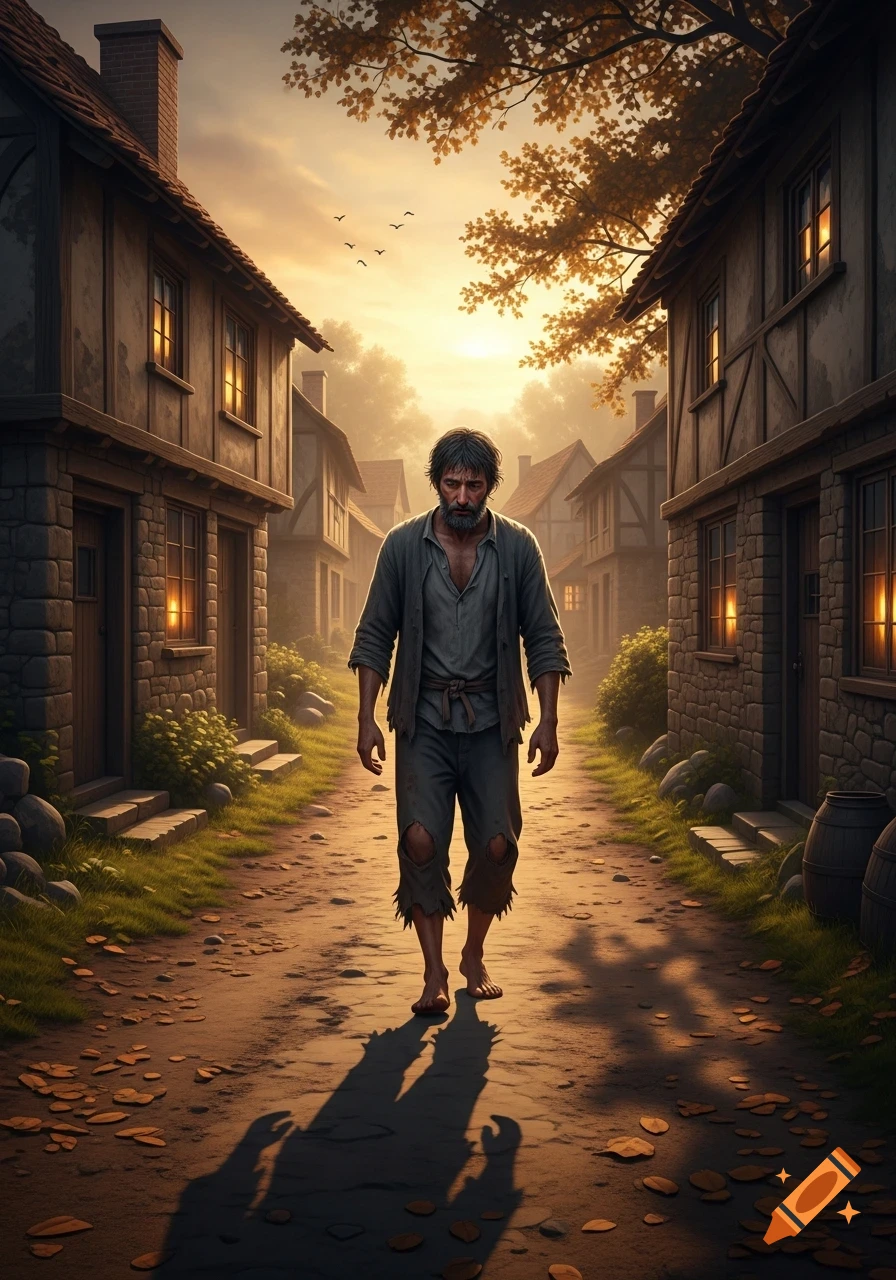 A man in torn clothes walks barefoot down a dirt path in an old village at sunset, looking sad, in a realistic style.