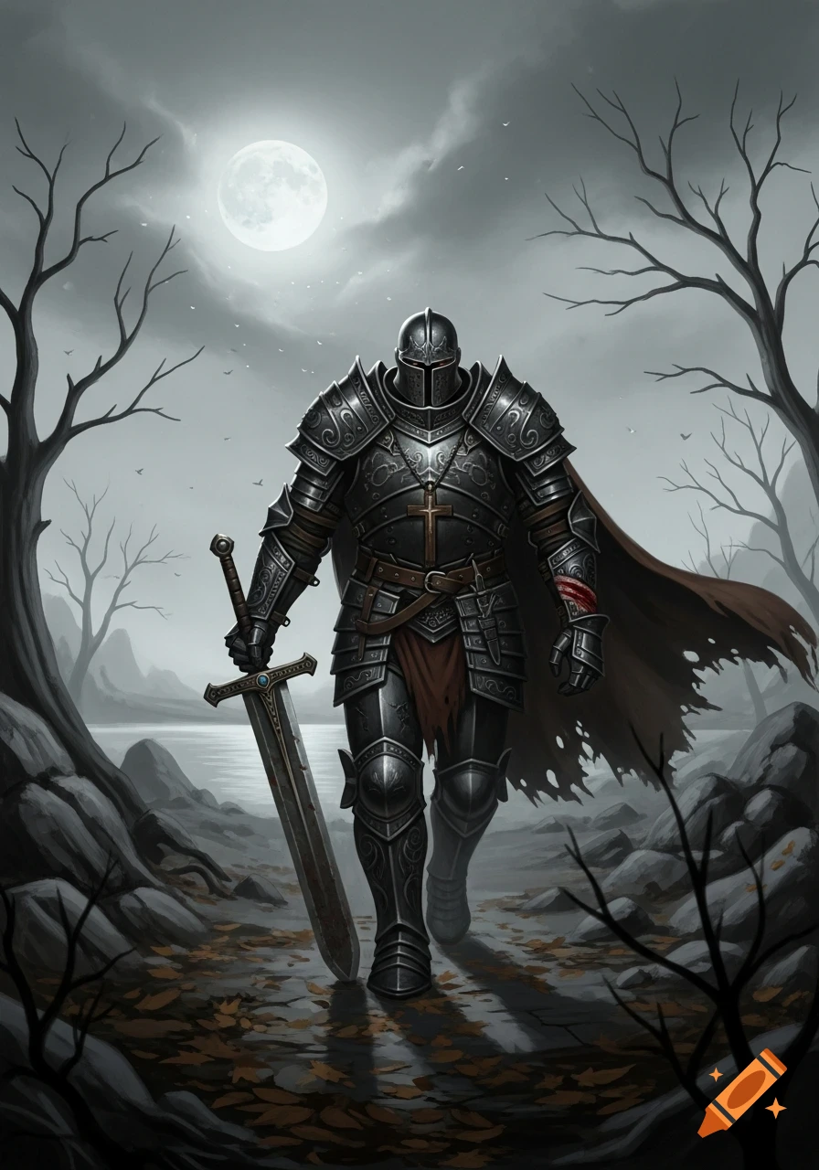 A dark shadow knight, wounded and carrying a large sword, walks through a gloomy landscape under a full moon. Dark fantasy art.