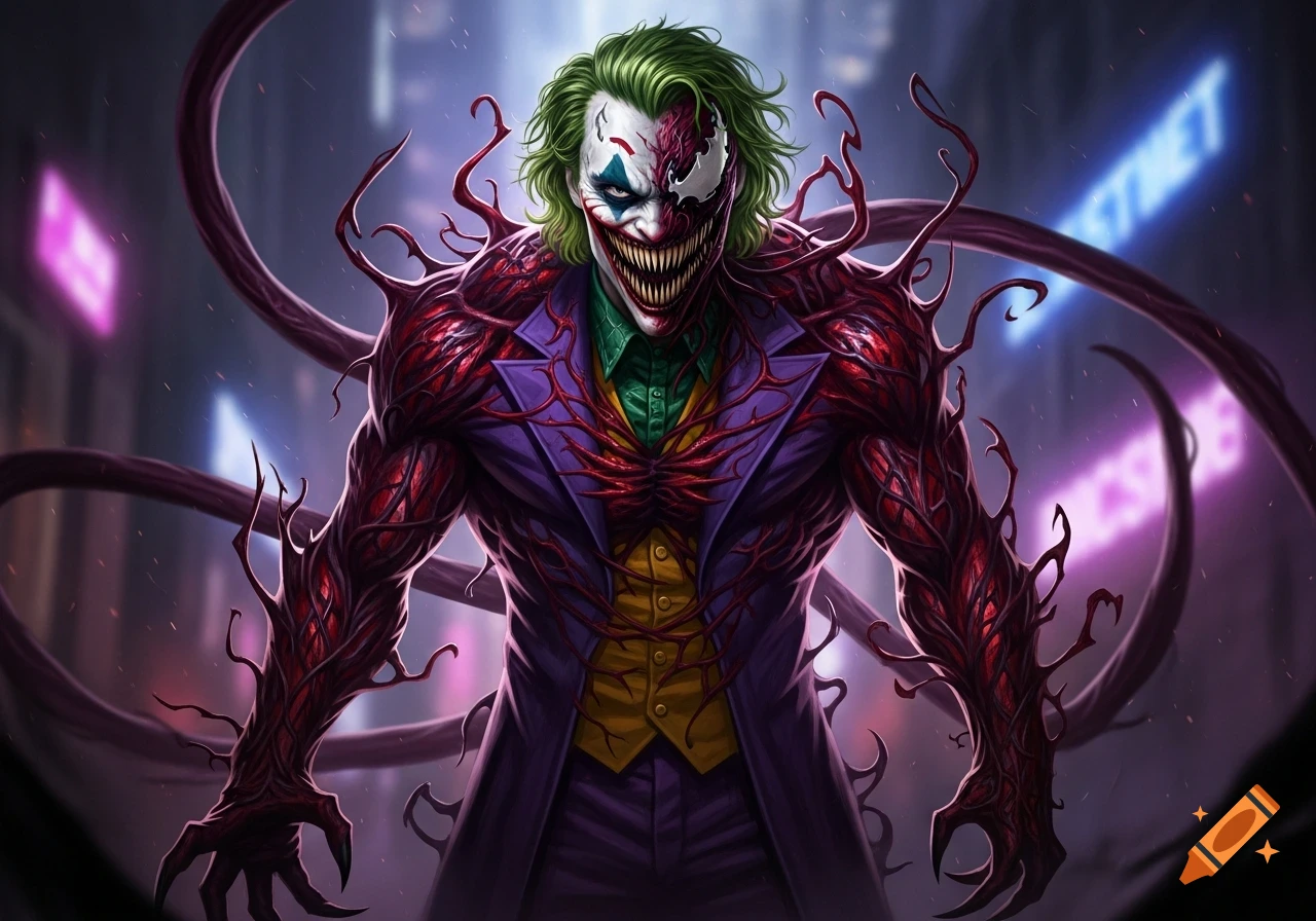 Joker fused with Carnage, with green hair, a red and white face, a purple suit, and red tendrils bursting from his skin, in a neon city.