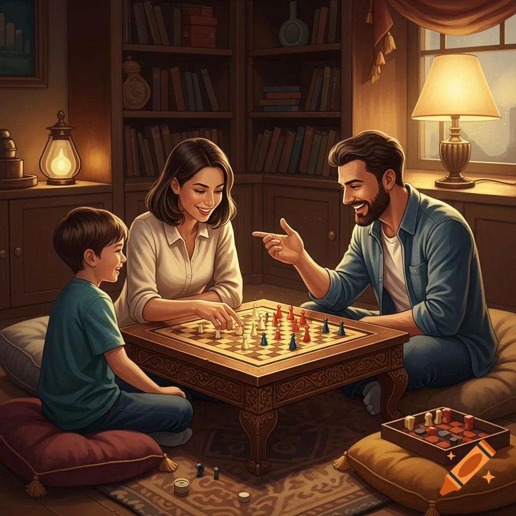 A family, mother, father, and son, are happily playing a board game together in a warm, cozy room with bookshelves.