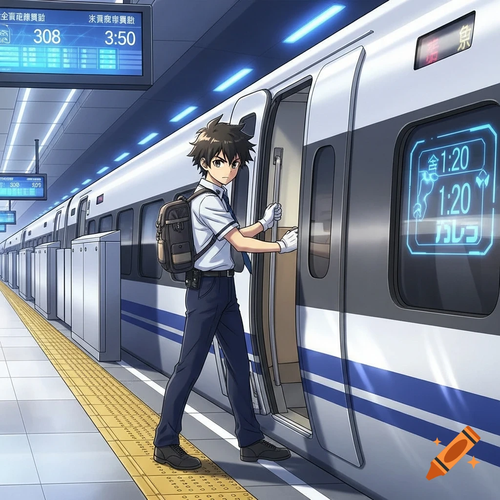 Anime style illustration of a male train driver with a backpack opening the door to a high-speed train at a station.