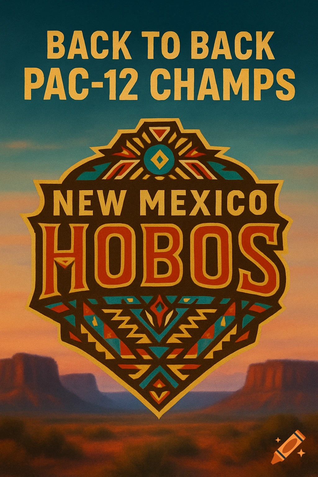 Vintage-style 'New Mexico Hobos' and 'Back to Back PAC-12 Champs' logo over a desert sunset.