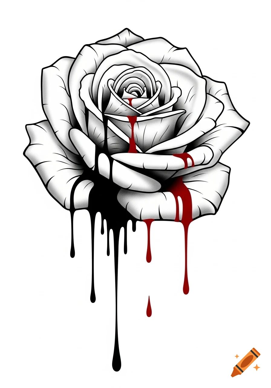 Black and white stencil art of a rose with red and black drips flowing down, suggesting it is bleeding.