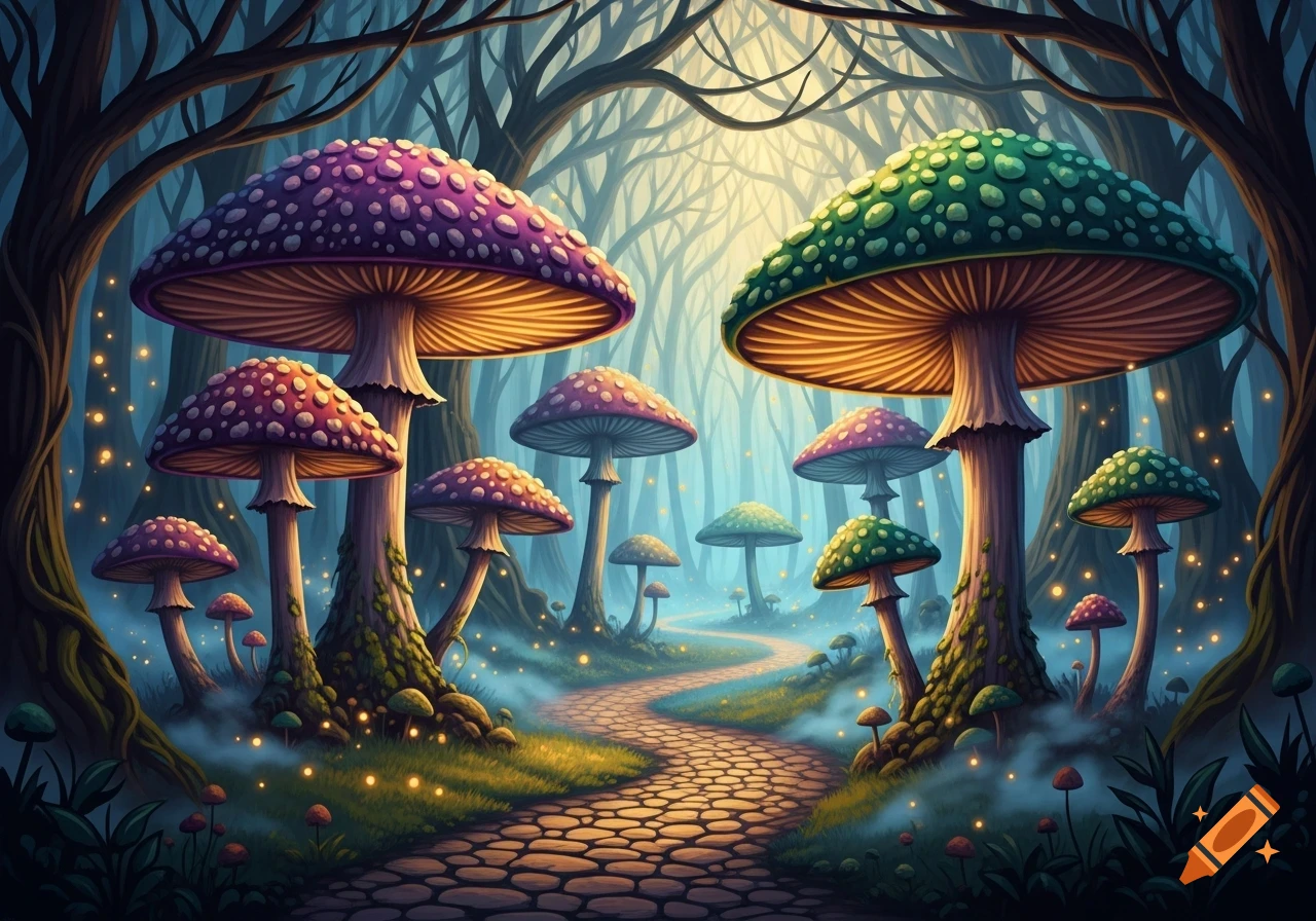 A vibrant fantasy forest with a winding path surrounded by large, colorful mushrooms, glowing with magical light.