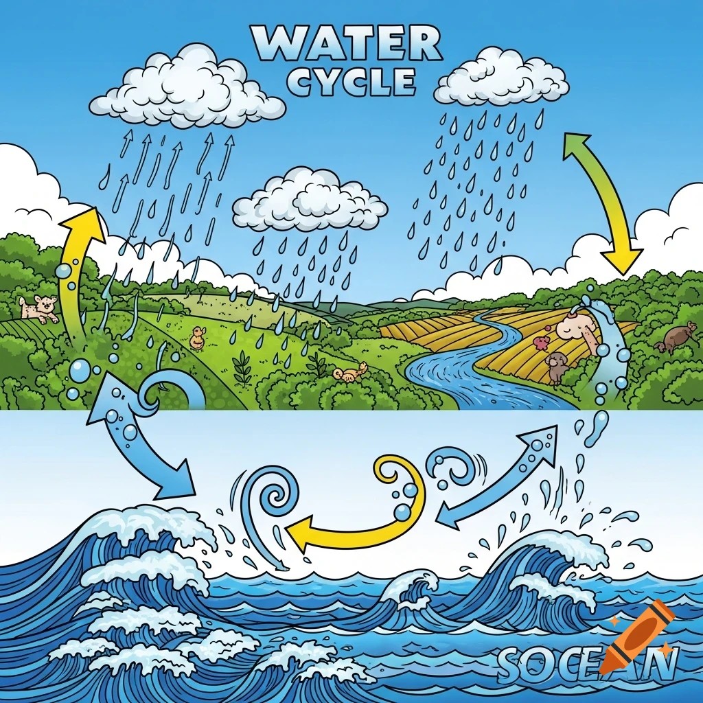 A colorful cartoon diagram illustrating the water cycle with clouds, rain, land, a river, and the ocean, showing arrows for evaporation and precipitation.