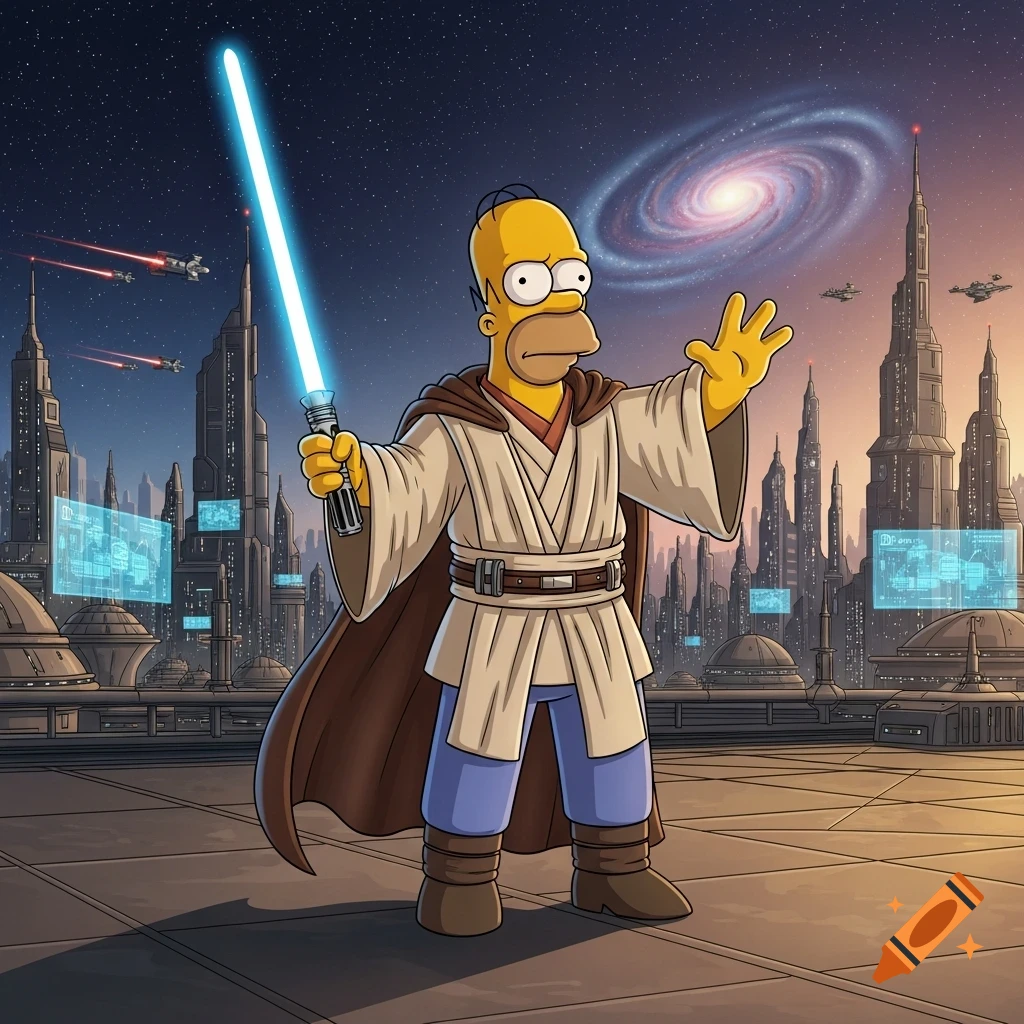 Homer Simpson as a Jedi holding a blue lightsaber in a futuristic city with spaceships and a galaxy in the sky, cartoon style.