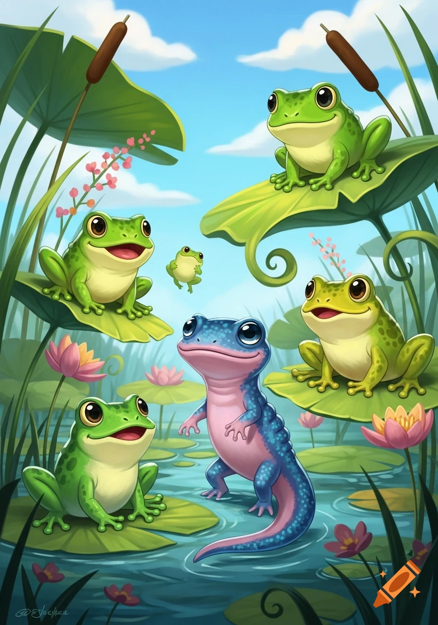 Cartoon illustration of green frogs and a blue salamander in a pond with lily pads and cattails under a blue sky.