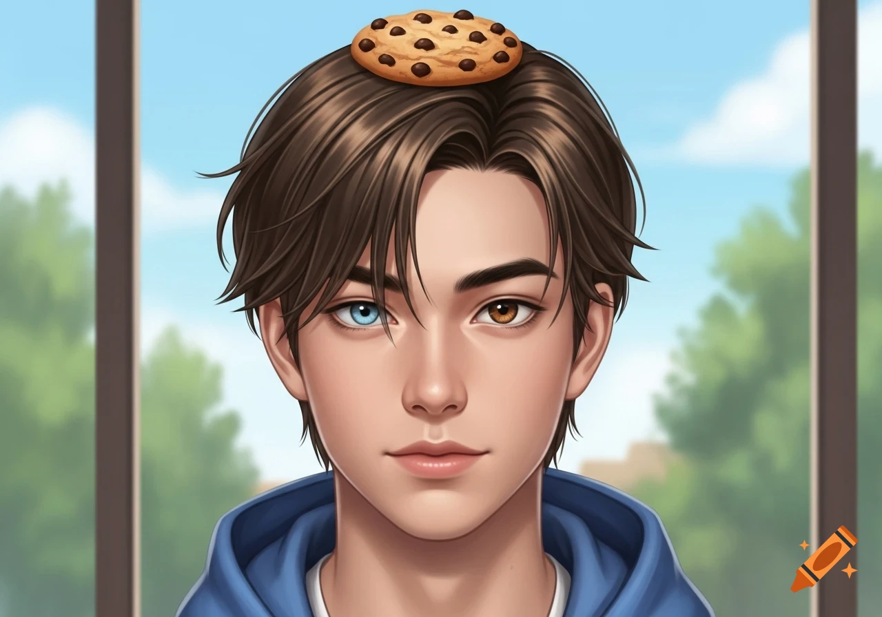 Illustrated portrait of a handsome young man with brown hair, different colored eyes, a cookie on his head, and a blue hoodie.