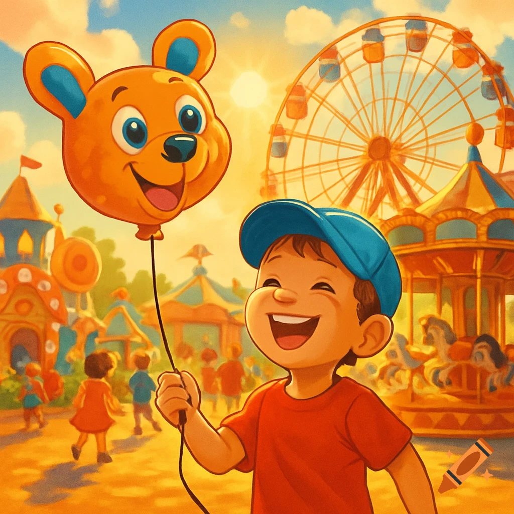 A happy cartoon boy in a red shirt and blue cap holds an orange bear-shaped balloon at a sunny amusement park with a Ferris wheel and carousel.
