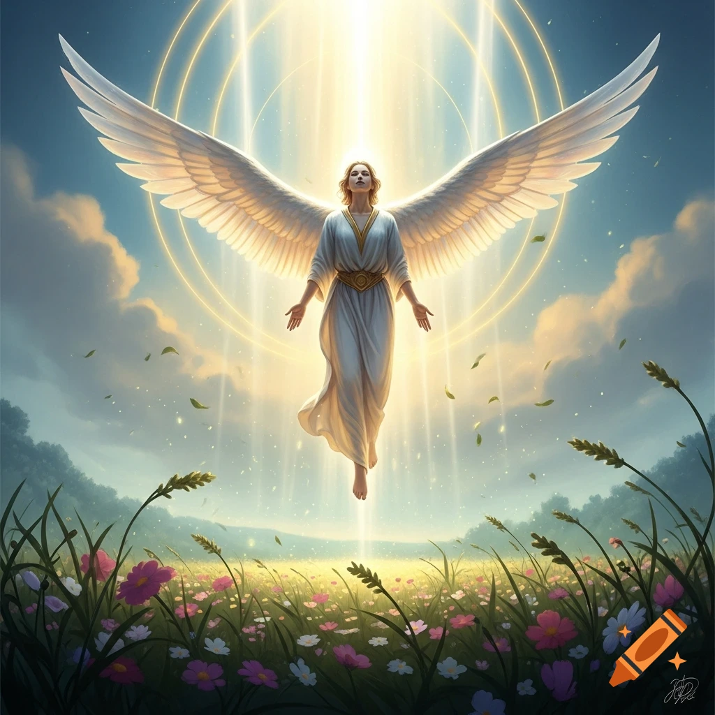 An angelic figure with vast white wings floats above a colorful flower field, bathed in brilliant light from a glowing sky with golden rings.