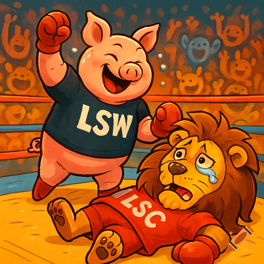 A cartoon pig in a blue LSW shirt celebrates in a boxing ring over a crying lion in a red LSC shirt, who is knocked out.