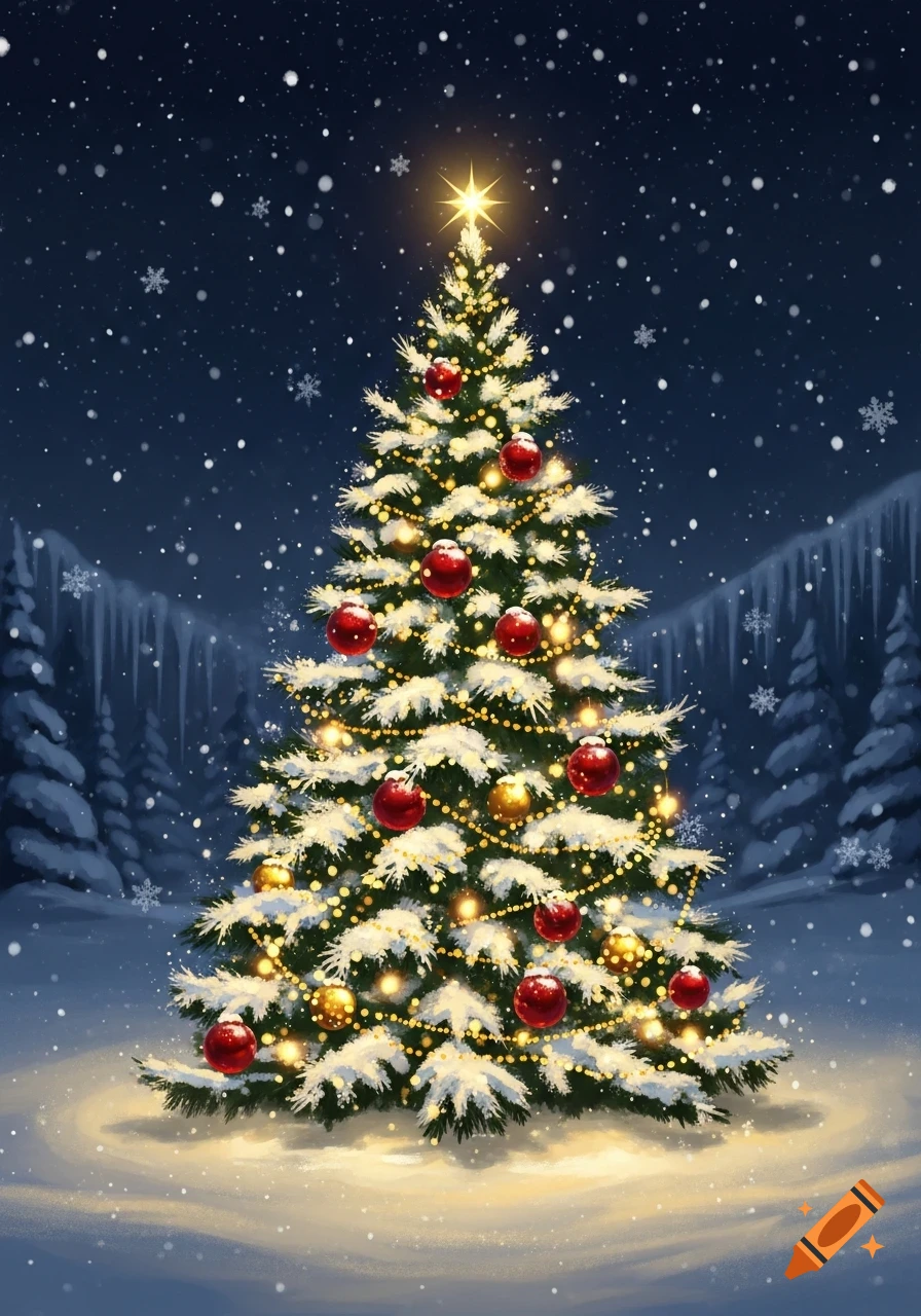 A festive Christmas tree covered in snow, red and gold ornaments, and ...