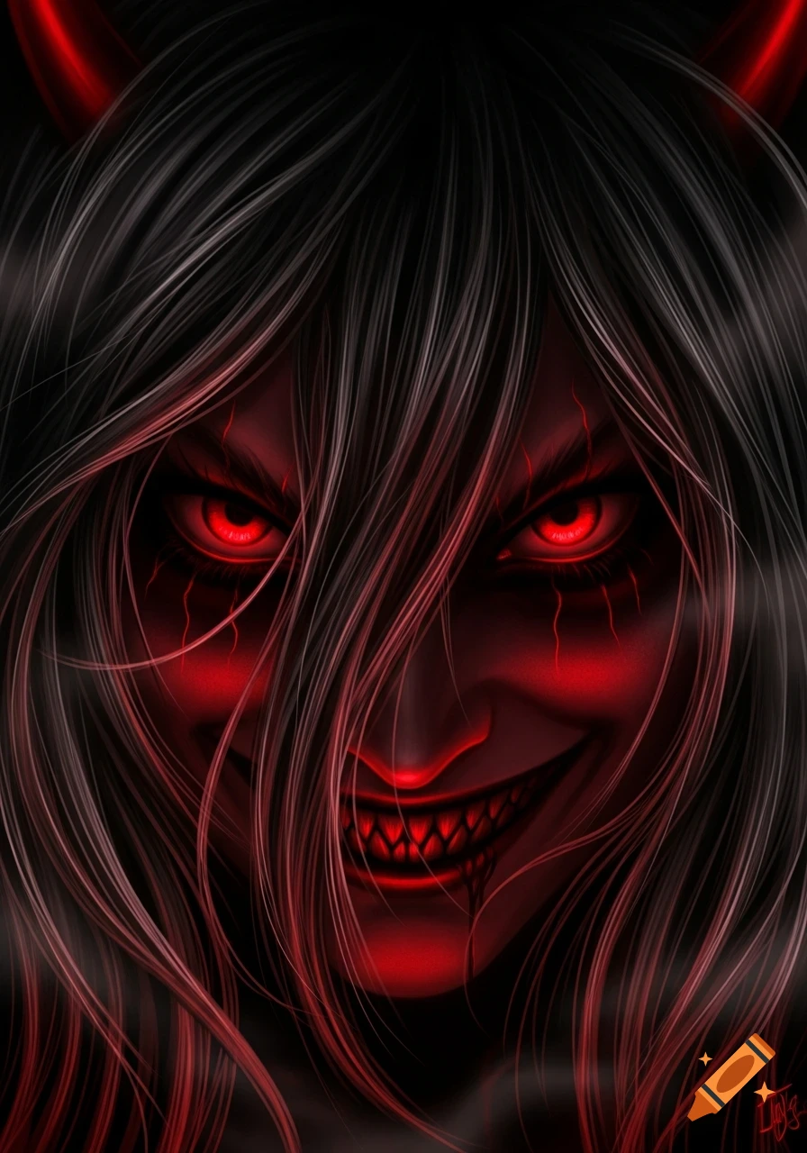 Digital art close-up of a smiling demon with glowing red eyes, sharp teeth, and small red horns, partially hidden by dark hair.