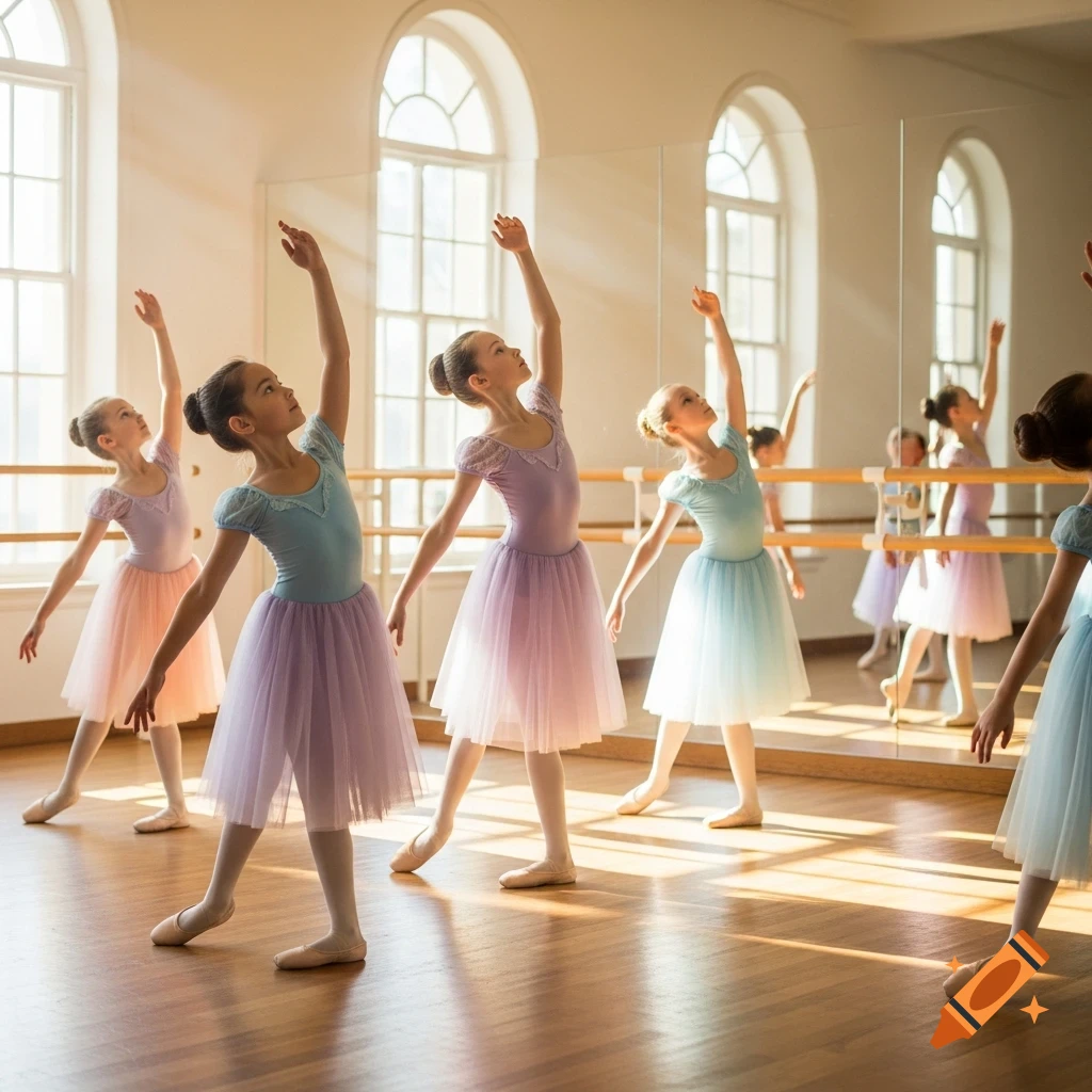 Young girls in pastel tutus practice ballet poses in a sunlit dance studio with mirrors.