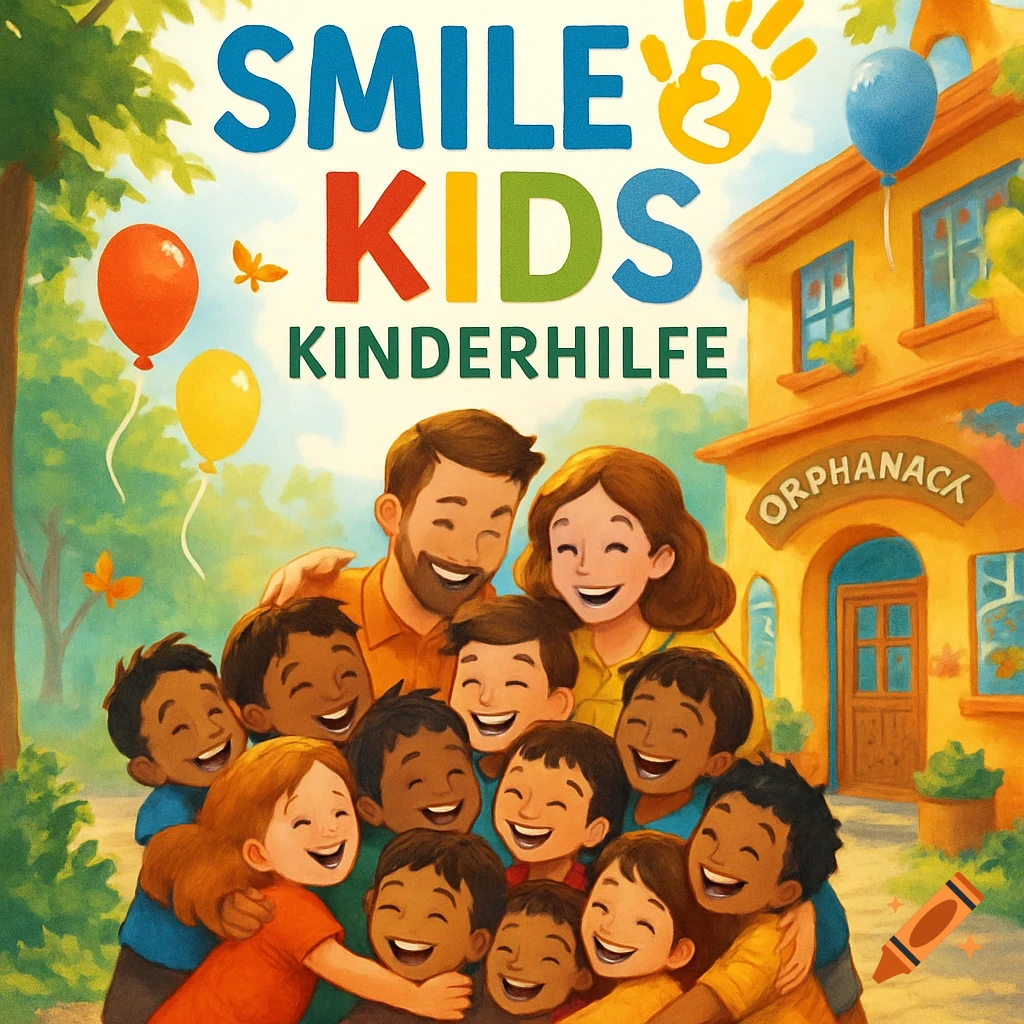 Illustration of smiling adults hugging a group of happy children in front of an orphanage, with a "Smile2Kids Kinderhilfe" logo.