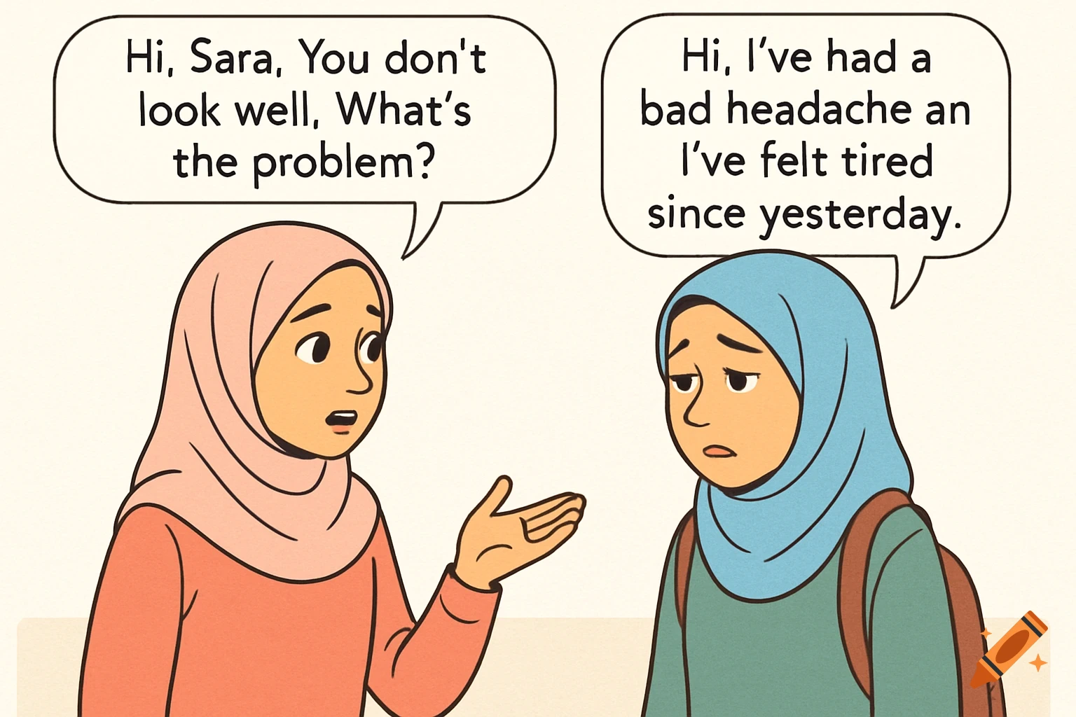 Cartoon of two teenage girls in hijabs with speech bubbles, one asking the other, Sara, why she looks unwell, and Sara replying she has a headache and is tired.