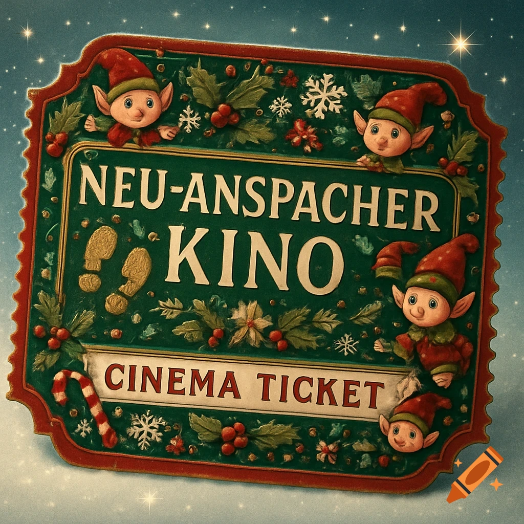 A festive, green and red Christmas cinema ticket with "NEU-ANSPACHER KINO" and "CINEMA TICKET" text, featuring cute elves, holly, berries, snowflakes, and gold footprints.
