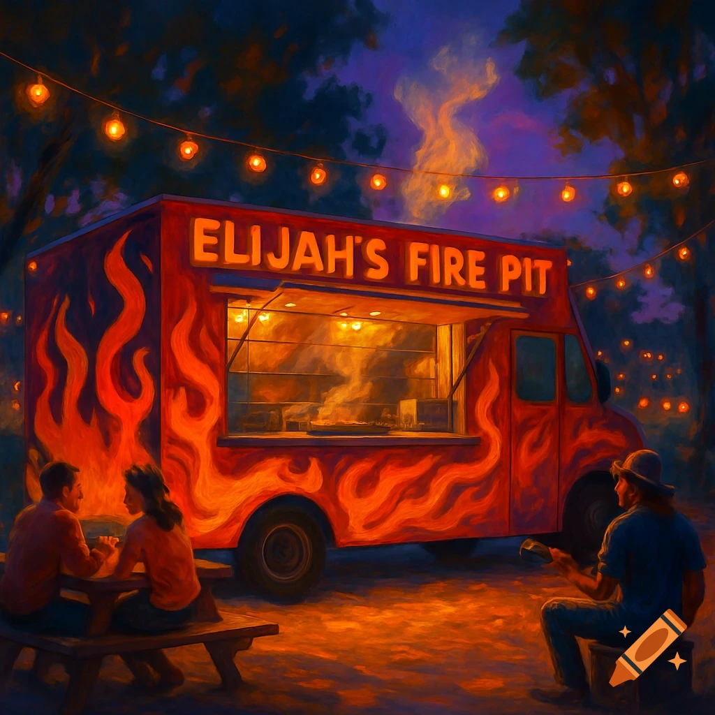 A stylized night scene depicts 'Elijah's Fire Pit' food truck with flame decals and glowing text, surrounded by people dining under string lights.