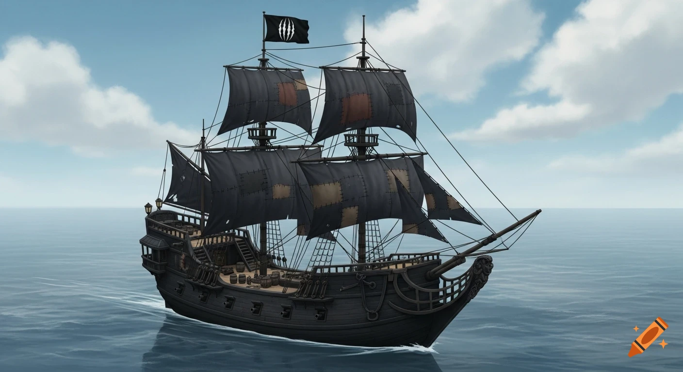 A black two-masted brigantine with patchwork sails and a white claw flag sails on a calm blue ocean under a cloudy sky, in a Ghibli-inspired style.