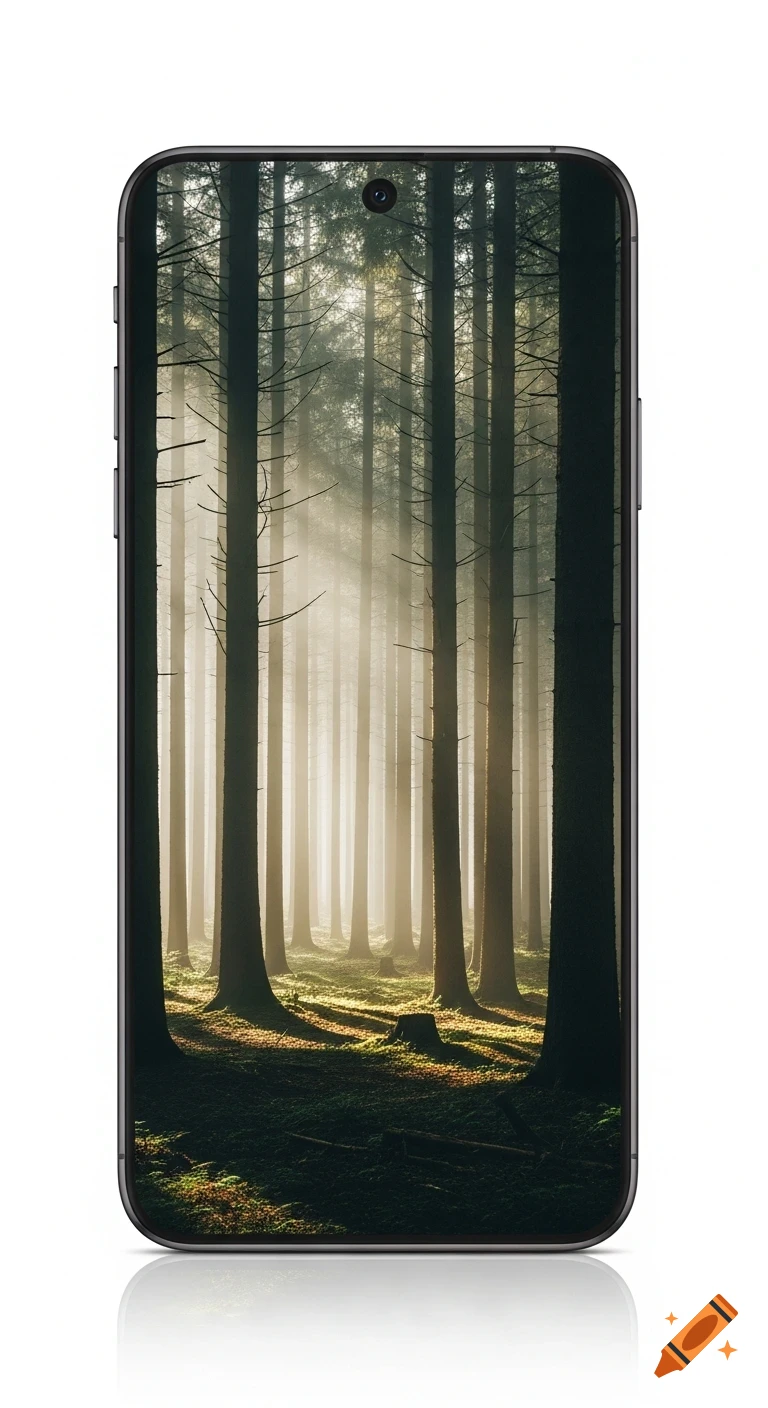 A smartphone displaying a serene, misty forest with tall trees and sun rays on its screen.