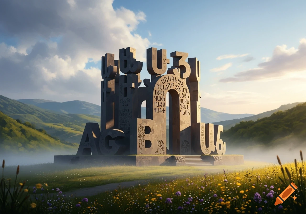 A large monument made of Armenian alphabet letters stands in a misty, flower-filled field with green mountains under a cloudy sky.