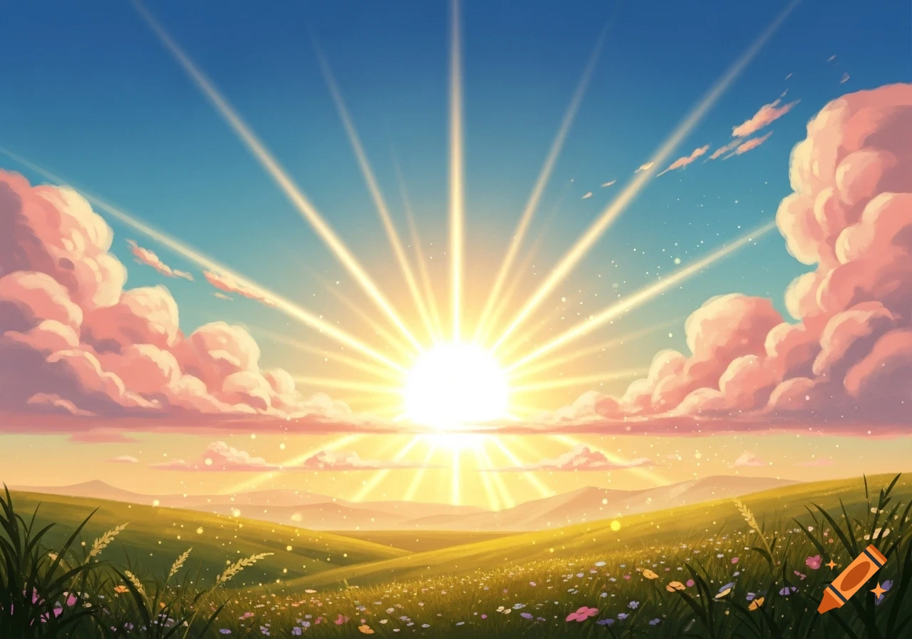 Vibrant illustration of a sun rising over a green field with wildflowers, featuring bright sunbeams and pink clouds in a blue sky.