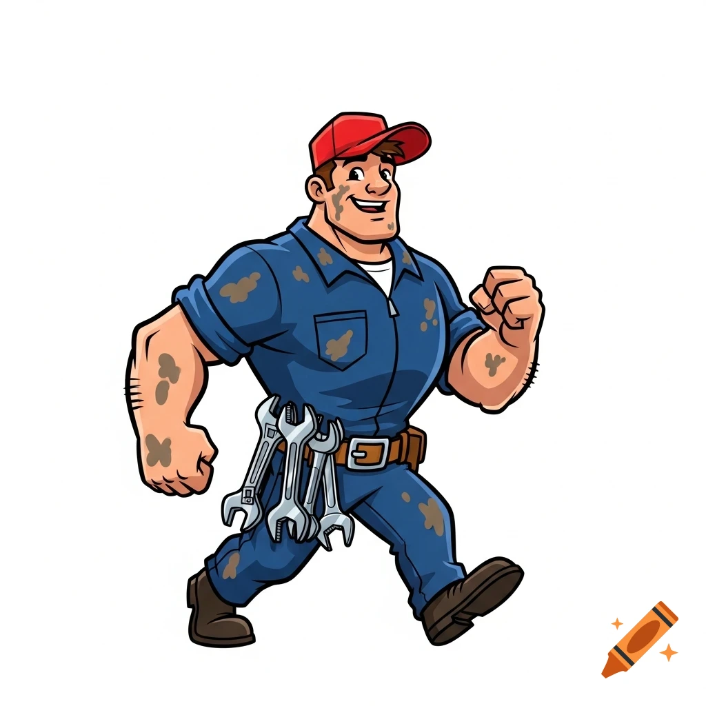 A cartoon mechanic in a blue jumpsuit and red cap, with wrenches on his belt, smiling and walking on a white background.