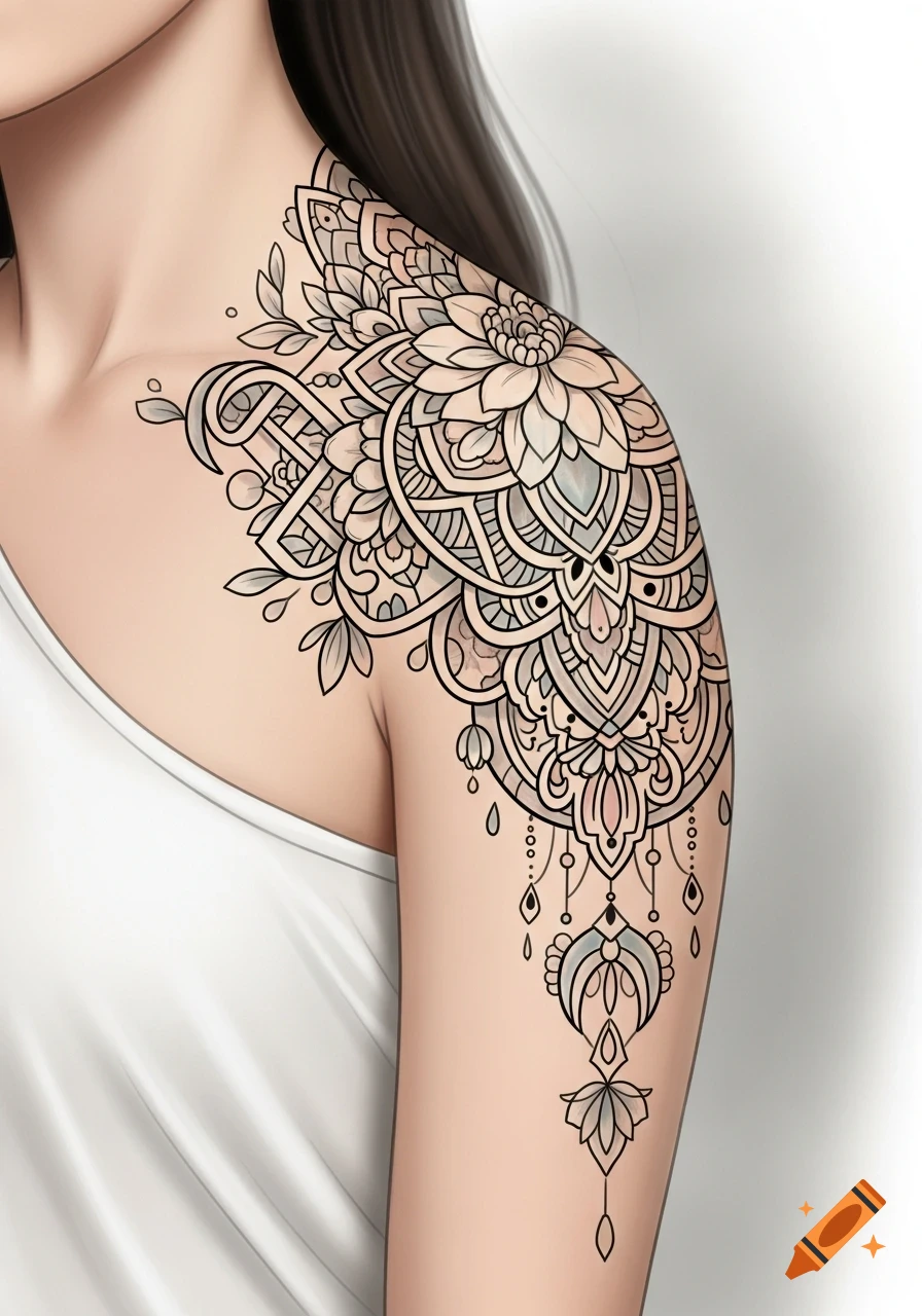 A woman with an intricate, black outline mandala-style tattoo with pastel shading covering her shoulder and upper arm, wearing a white tank top.