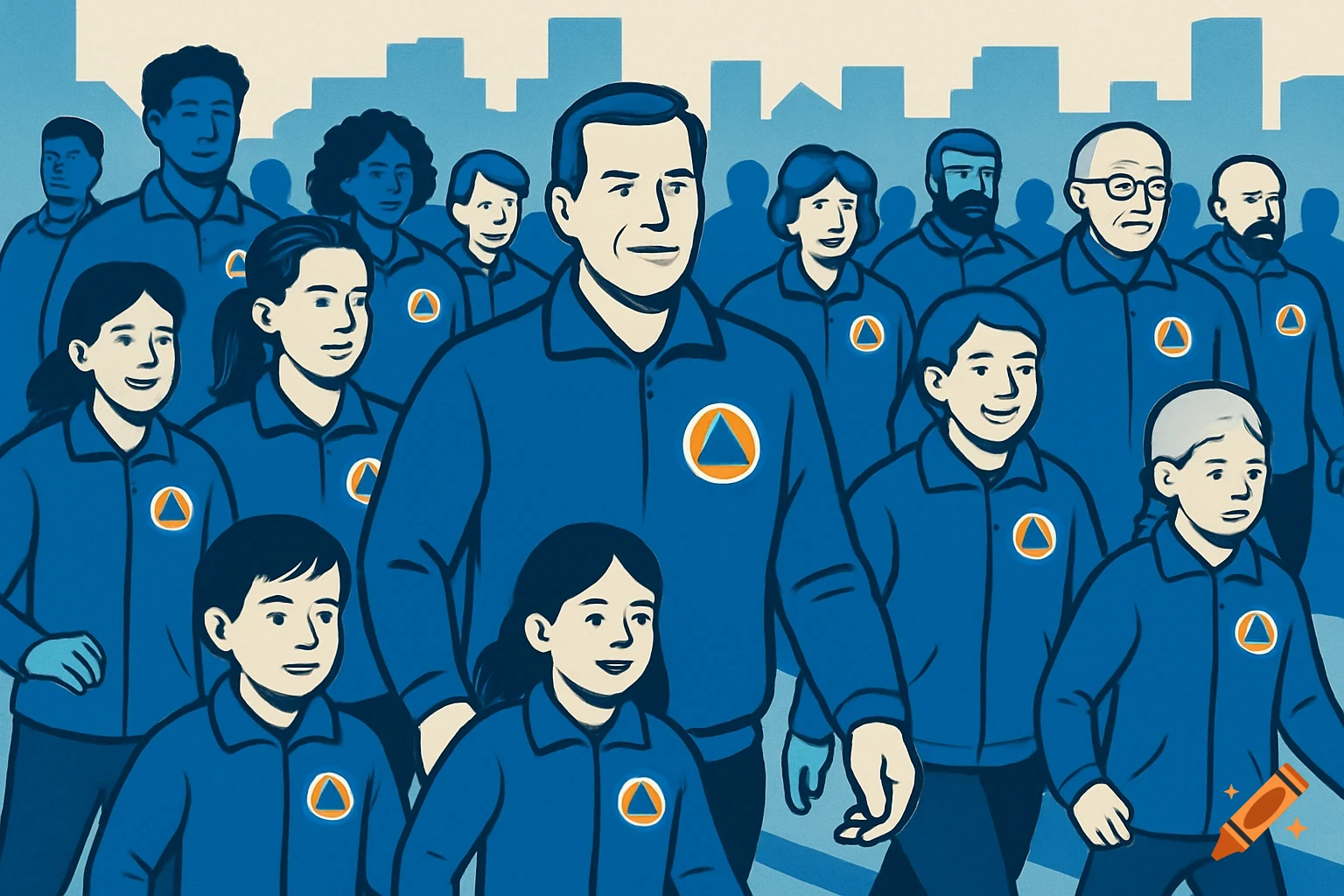 Vector graphic of a diverse group of adults and children in blue civil protection jackets against a city skyline.