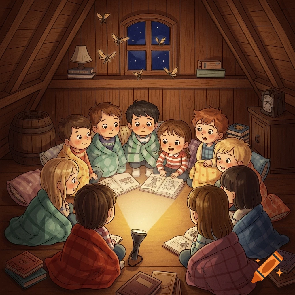 A group of diverse children wrapped in blankets, sitting in an attic, reading books by flashlight, with moths flying around a window at night. Illustrated style.