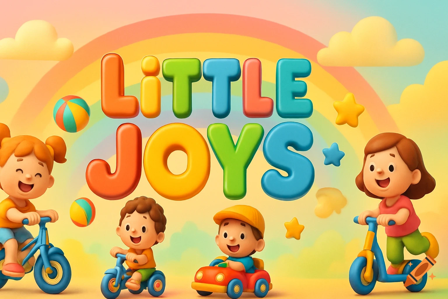 Colorful 3D illustration of "LITTLE JOYS" with cartoon kids riding bikes, a scooter, and a toy car under a rainbow.