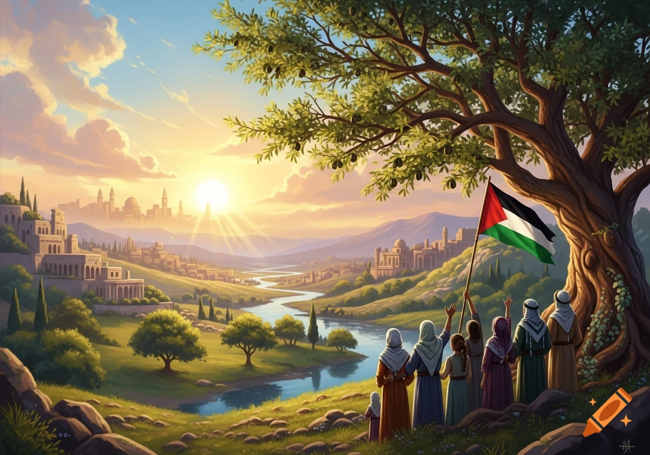 A group of people holding a Palestinian flag under a large olive tree, overlooking a vibrant valley with a river and ancient cities at sunset.