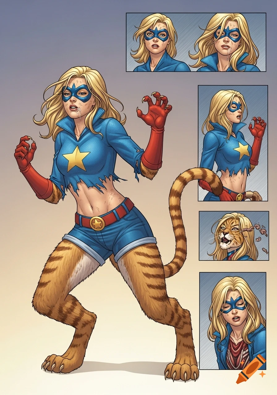 Stargirl in a comic art style, mid-transformation into a feline creature with furred legs, claws, a tail, and torn clothes, displaying multiple views.