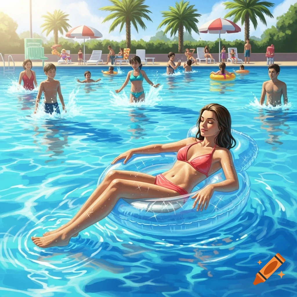 Vibrant illustration of people enjoying a sunny day at a public swimming pool, with a woman relaxing on a float.