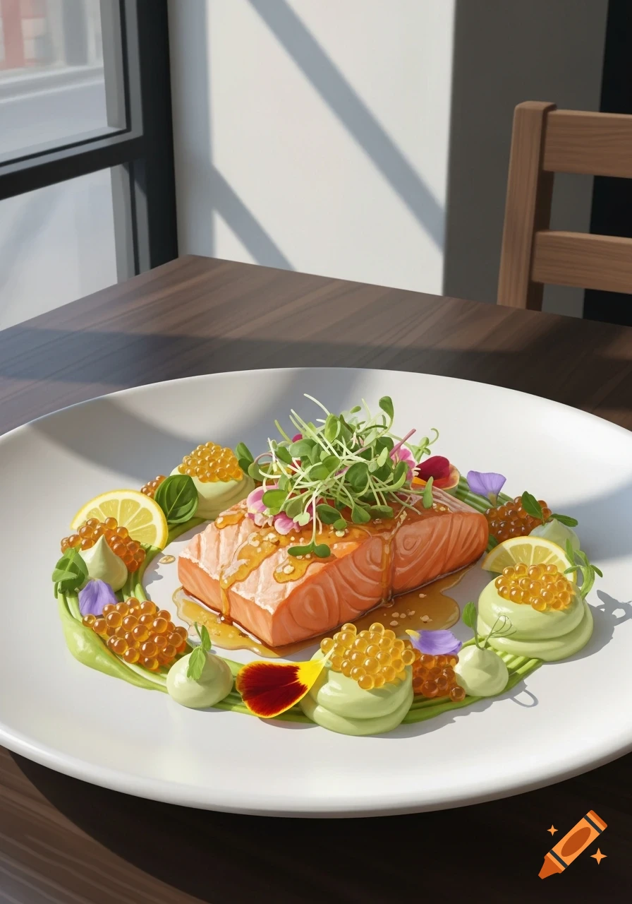 A close-up of a perfectly plated salmon dish with microgreens, lemon slices, and golden caviar on a white plate, set on a wooden table near a window.