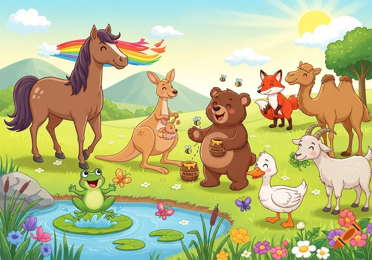 A colorful cartoon landscape with a horse, kangaroo, bear, fox, camel, goat, duck, and frog by a pond, under a sunny sky with a rainbow.