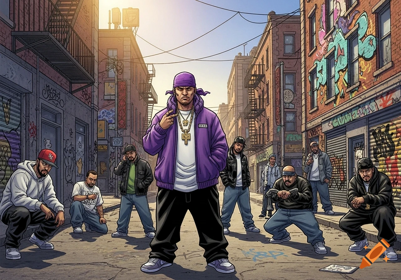 Comic style illustration of a group of men in an urban alleyway, with graffiti on brick buildings and a clear sky.